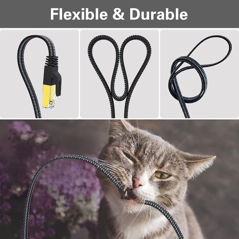 HiiPeak Cat 8 Ethernet Cable 5 ft, Flat Nylon Braided Internet Network Patch, High-Speed 40Gbps RJ45 for Modem, Router, PC, Xbox, Laptop, Computer, Black & Grey - Image 4